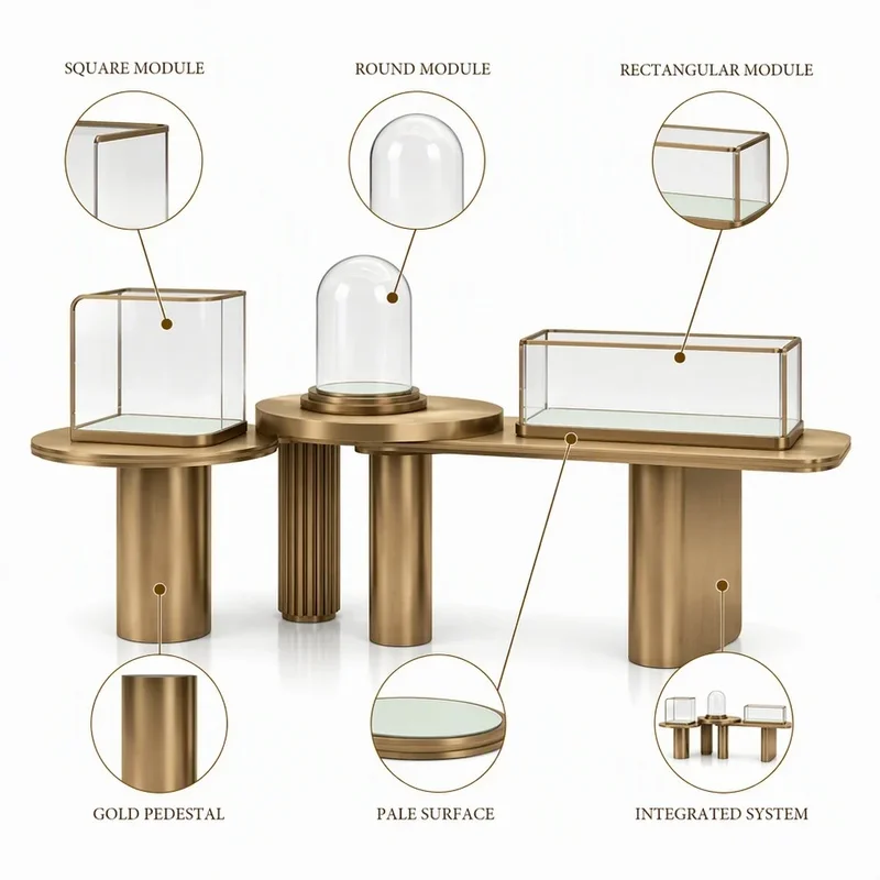 custom.Custom Blue-Tone Jewelry Store Display Fixture Set with Counters, Glass Domes and LED Lighting