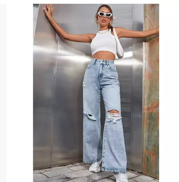 Eenvoudige rechte damesjeans, met scharniergespontwerp, losse stijl met hoge taille, modieuze casual jeans met zakken
