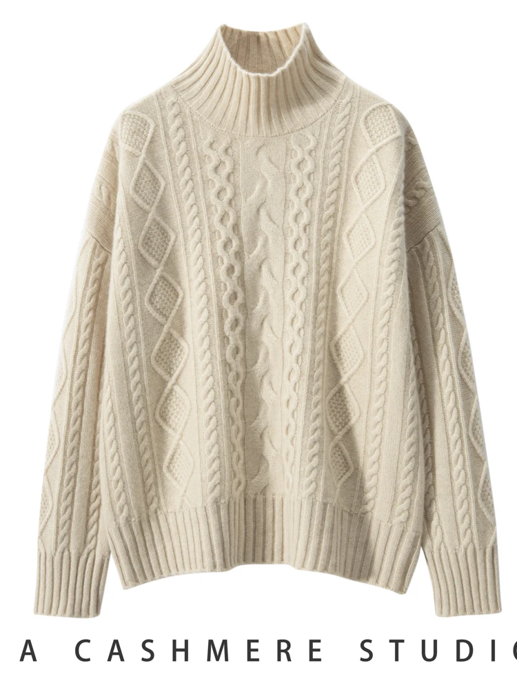 

MEETCC Women 100% Cashmere Cable Knitted Pullover Autumn Winter Mock Neck Sweater Multiple Colors Soft Classic Elegant Chic Tops