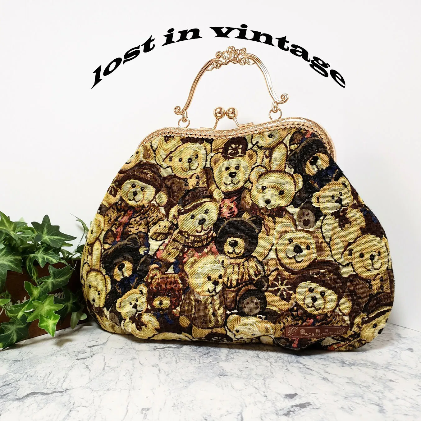 Lost in Vintage Teddy Bear Petite Point Print Purse Clutch Petite Point Handbag Metal Kiss Lock Pouch Evening Bags 33x25x6cm