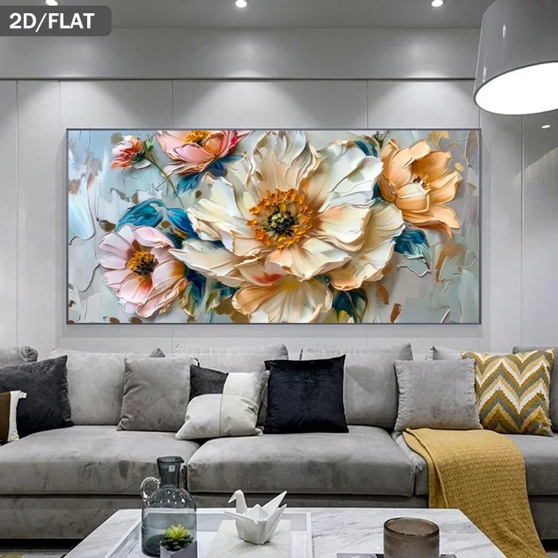 Modern Floral Wall Art Frameless Botanical Canvas Painting Suitable for Living Room Nature Textured Home Decoration 2D Flat