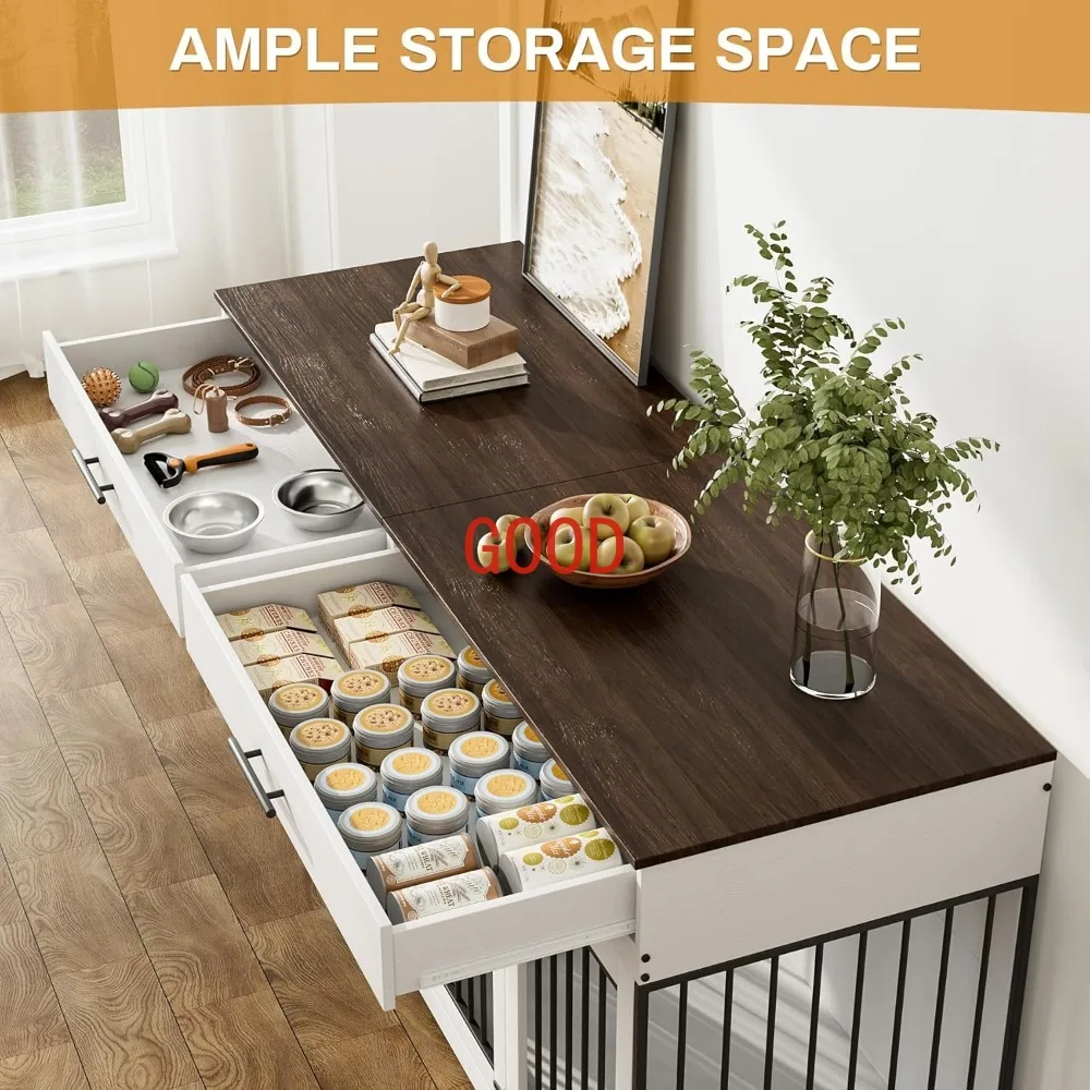 Móveis para caixa de cachorro, canil grande de madeira para cães de 72,05 polegadas com 2 gavetas e tigelas para cães, gaiola para cães com portas duplas e divisórias