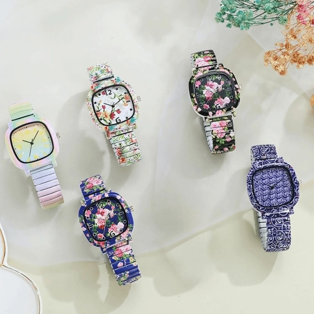 Stainless Steel Quartz Bracelet Watch Floral Printed Elastic Square Wristwatch Colorful Rainbow Gradient Stretch Strap Watch