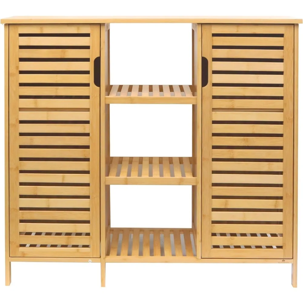 RoyalHouse Bamboo Floor Cabinet with 2 Shutter Doors and 3 Open Shelves, Freestanding Organizer for Bathroom, Kitchen, Living Room, Eco-Friendly and Durable, Brown
