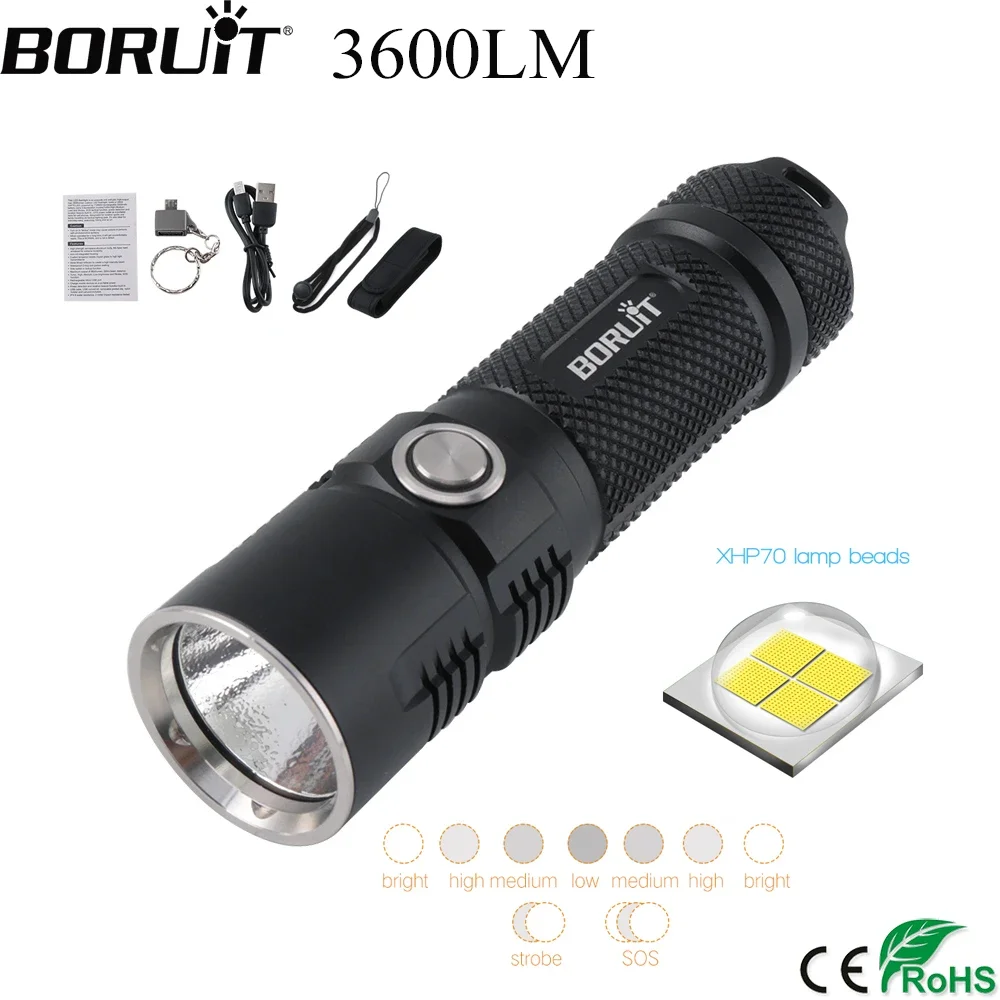 BORUiT BC10 3600LM LED 4 Lighting Modes LED Flashlight 26650 USB Rechargeable Waterproof Torch Outdoor Camping Emergency Lamp