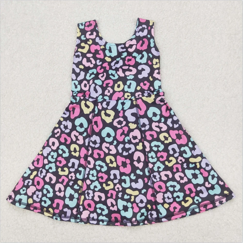 

Hot Sale Baby Girl Dress Baby Girls Purple Sleeveless Colorful Leopard Yoga Active Wear Skort Knee Length Dress Athletic Dresses