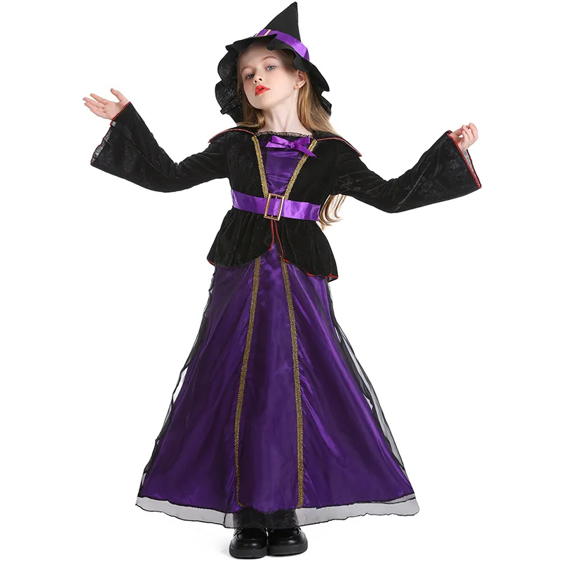 Halloween Children Girls Evil Magic Witch Cosplay Dress Purim Disguise Party Kids Purple Ghost Vampire Fancy Costume Gown