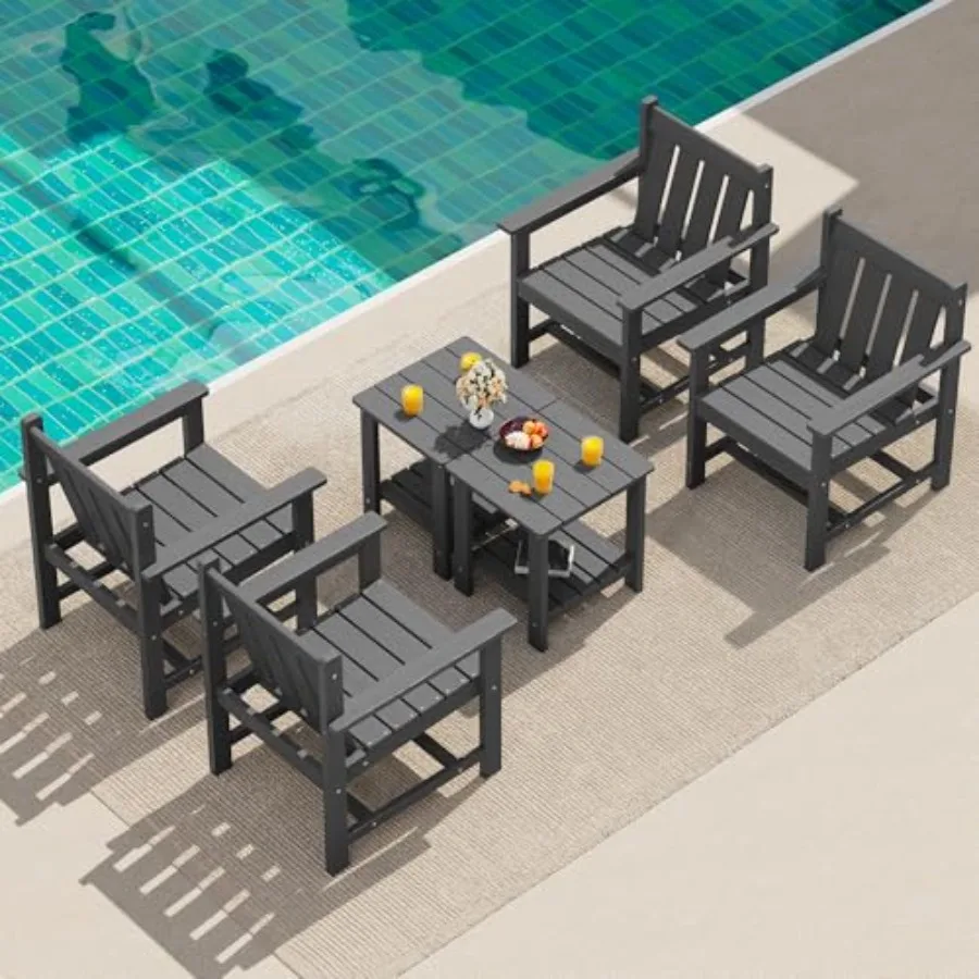 

Patio Furniture Set for Balcony, Porch, Garden, Backyard: HDPE Adirondack Chairs with Side Table, All-Weather Gray
