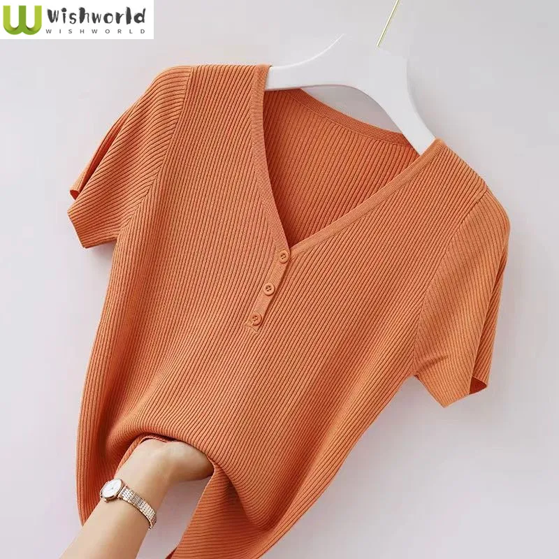 

Spring/Summer New T-shirt Women's Short Sleeved Korean V-neck Slim Fit Solid Color Fashion Slimming Versatile Ice Silk Knit