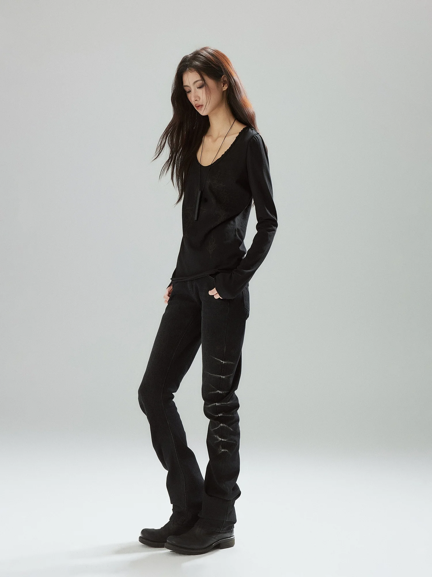 Low Waist Cuffed Ruffle Hem Slim Fit Zipper High Waist Micro Stretch Design Casual Long Pants Street Style Denim Jeans