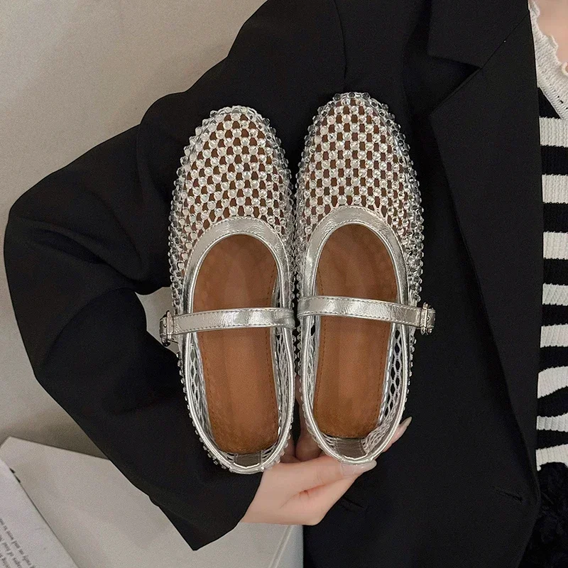 Luxury Crystal Rhinestone Fishnet Ballet Flats Woman Brand Design Rivet Studs Mesh Mary Jane Shoes Ladies Summer Cut Out Loafers