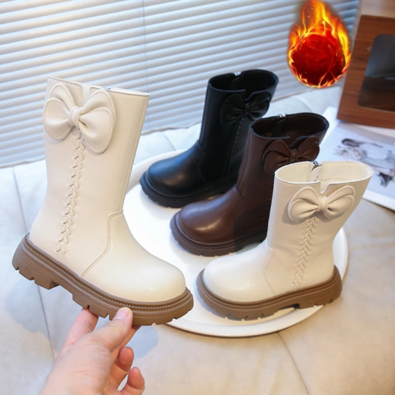 

Модные сапоги с мягкой подкладкой для девочек, высокие сапоги для детей от 3 до 18 лет, теплая детская хлопковая обувь с бантом, легкие нескользящие детские кожаные сапоги