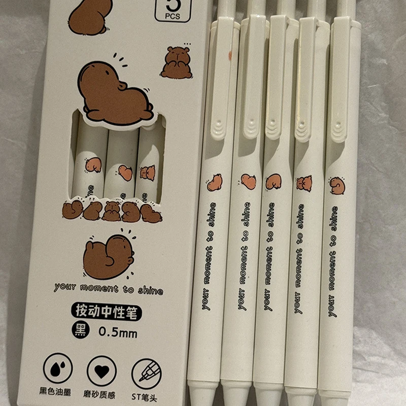 5Pcs Kawaii Gel Pens Cartoon Capybara Quick Drying Pens Office Stationery Funny Pressing Pens Smoothly Writing Neutral Pens