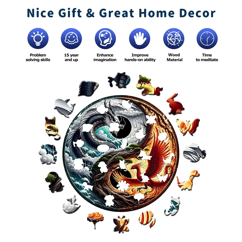 Dragon and Phoenix Theme Wooden Puzzle, Uniquely Irregular Animal Shaped Toys, Creative Handmade Decorations, Holiday GifT
