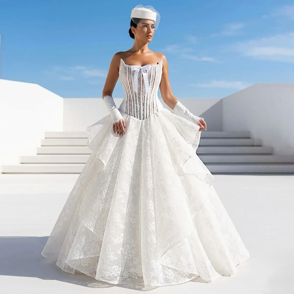 Customized V-Neck Beading Lace A-Line Wedding Dresses Applique Bow Diamond Open Back Pleat Bridal Gown Vestidos De Noiva