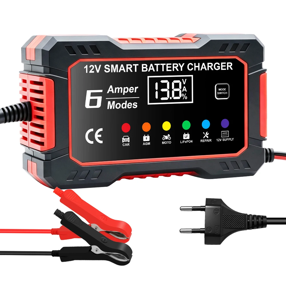 Wet Dry Lead Acid Gel Charger Car Smart Battery Charger Digital LCD Display 12V 6A
