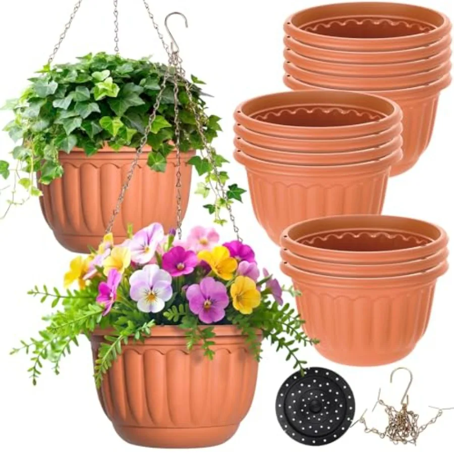 

Indoor and Outdoor Use: Terracotta-Colored Plastic Hanging Planters with Self-Watering System, Drainage Hole Absorbing Tray 12