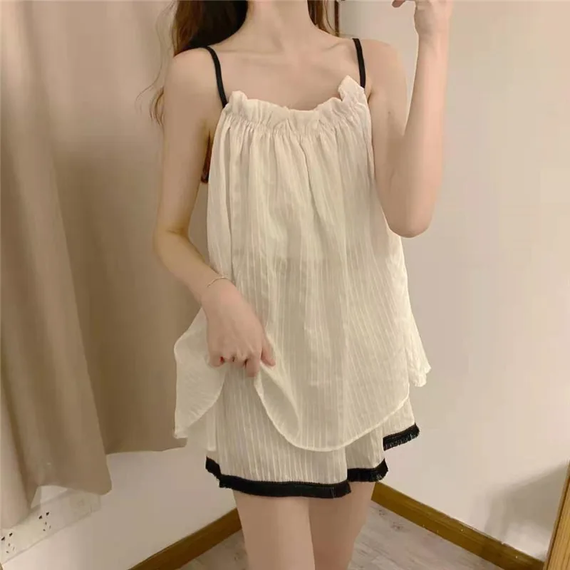 Summer Women Two Pieces Thin Pajamas With Suspenders Solid Soft Short Cotton Homewear Simple Loose Outdoor Gilrs Set Clothing