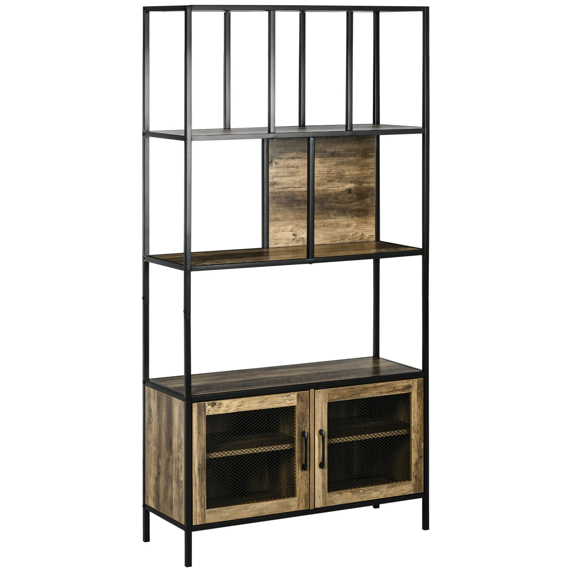 HOMCOM Industrial Bookshelf Bookshelf 2 Door Metal Frame Grid Bookshelf for Living Room Office Studio 90x33,5x180 cm Black Natural