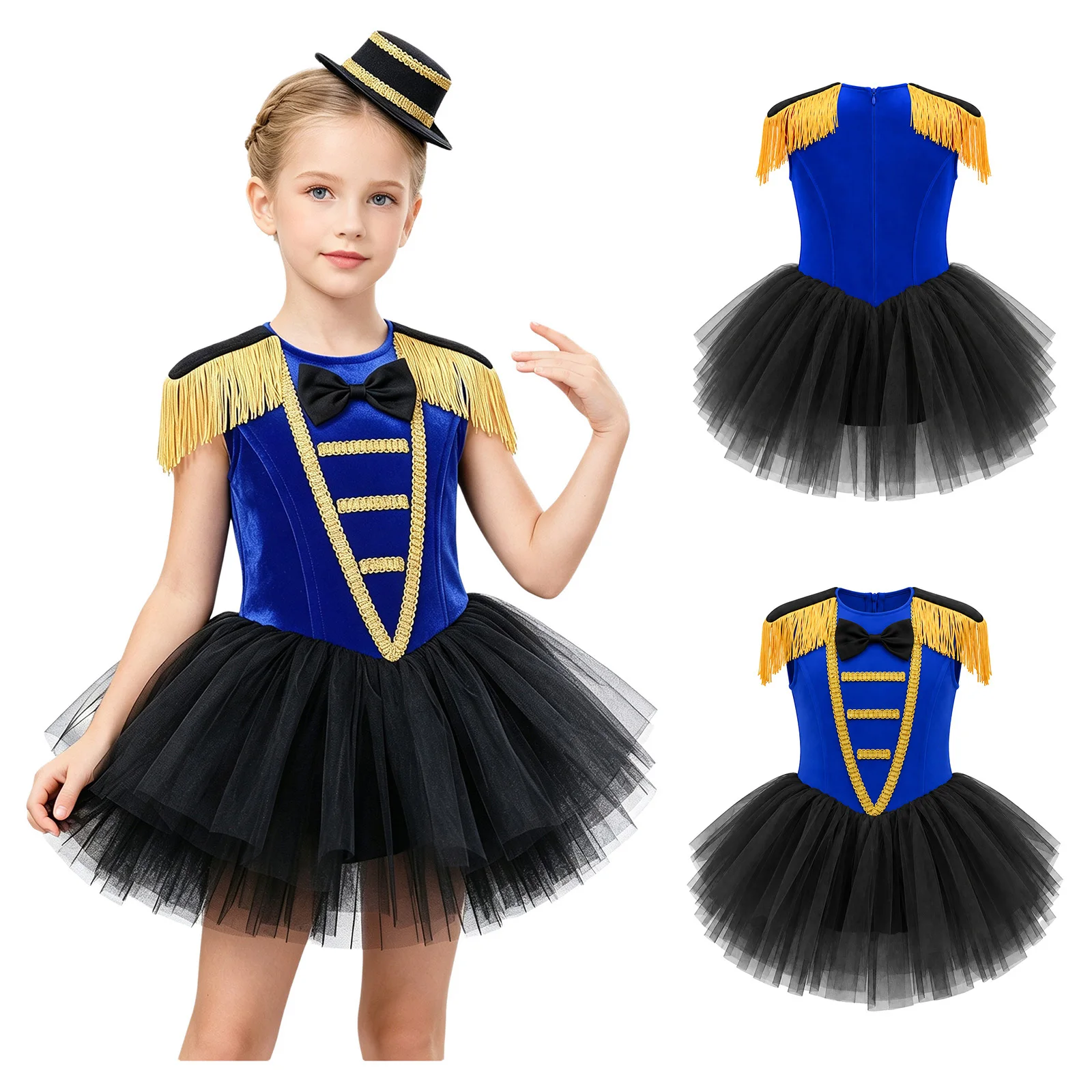 Girls Circus Ringmaster Cosplay Dress Sleeveless Velvet Tulle Ballet Dance Leotard Tutu Halloween Carnival Performance Costume