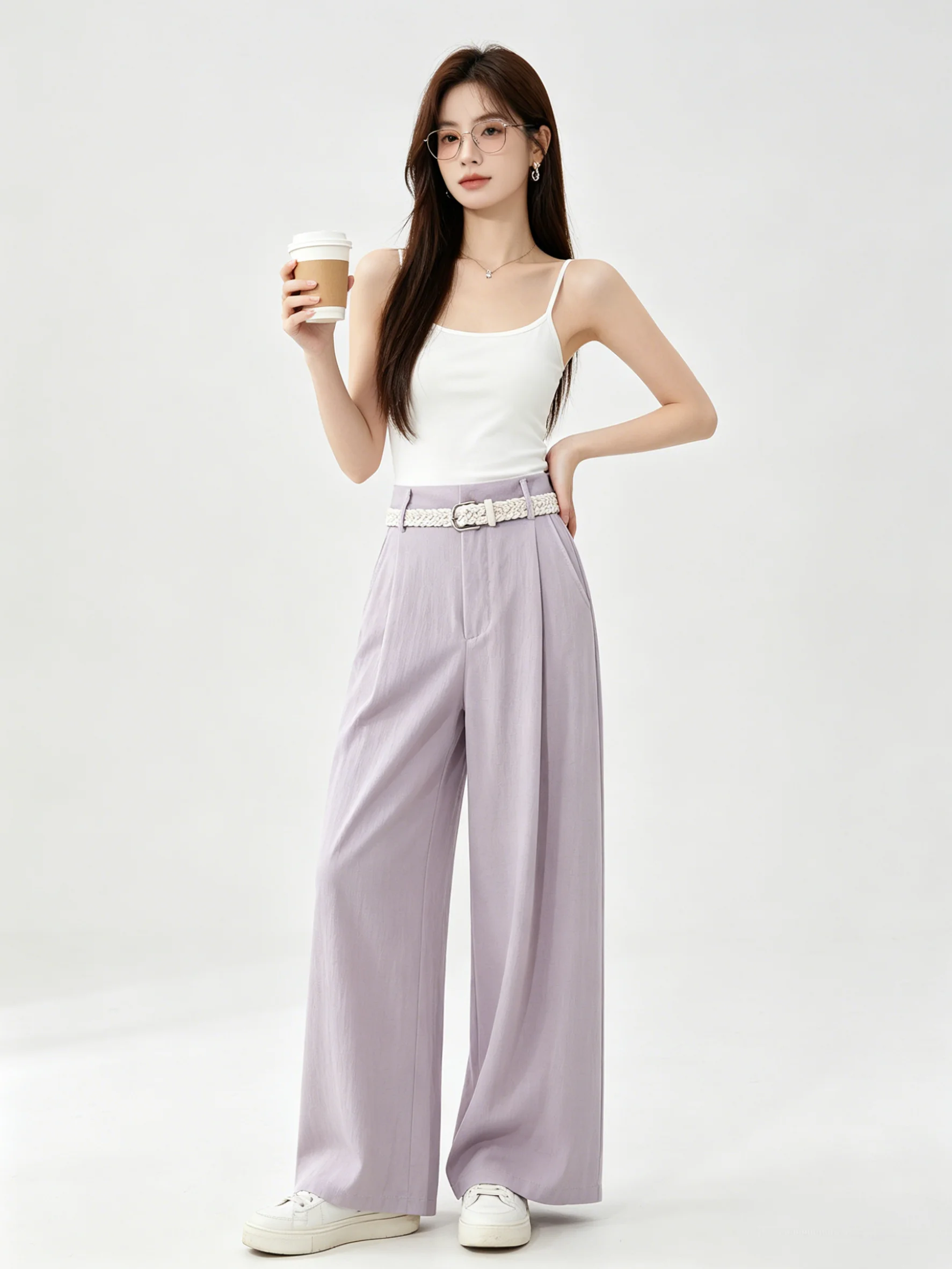 

High Waist Wide Leg Pants Casual Purple Taro Korean Style Slimming Summer Drapey Bottoms Versatile Loose Fit Casual Long Trou...