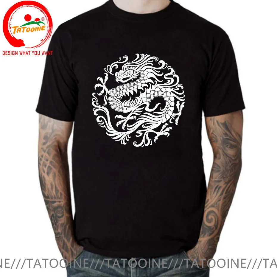 Fitted T-shirt Tops Traditional Red T Shirt Men Chinese Dragon Circle T-Shirt Clothes Red White Yellow Black Dragon Print Tshirt