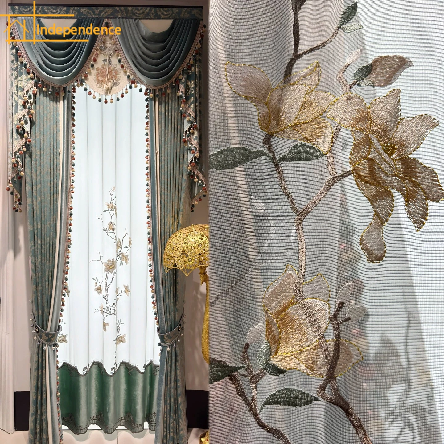 

New Blue-green Gilded Flannelette Jacquard Mosaic Curtains for Living Room Bedroom French Window Balcony Customization