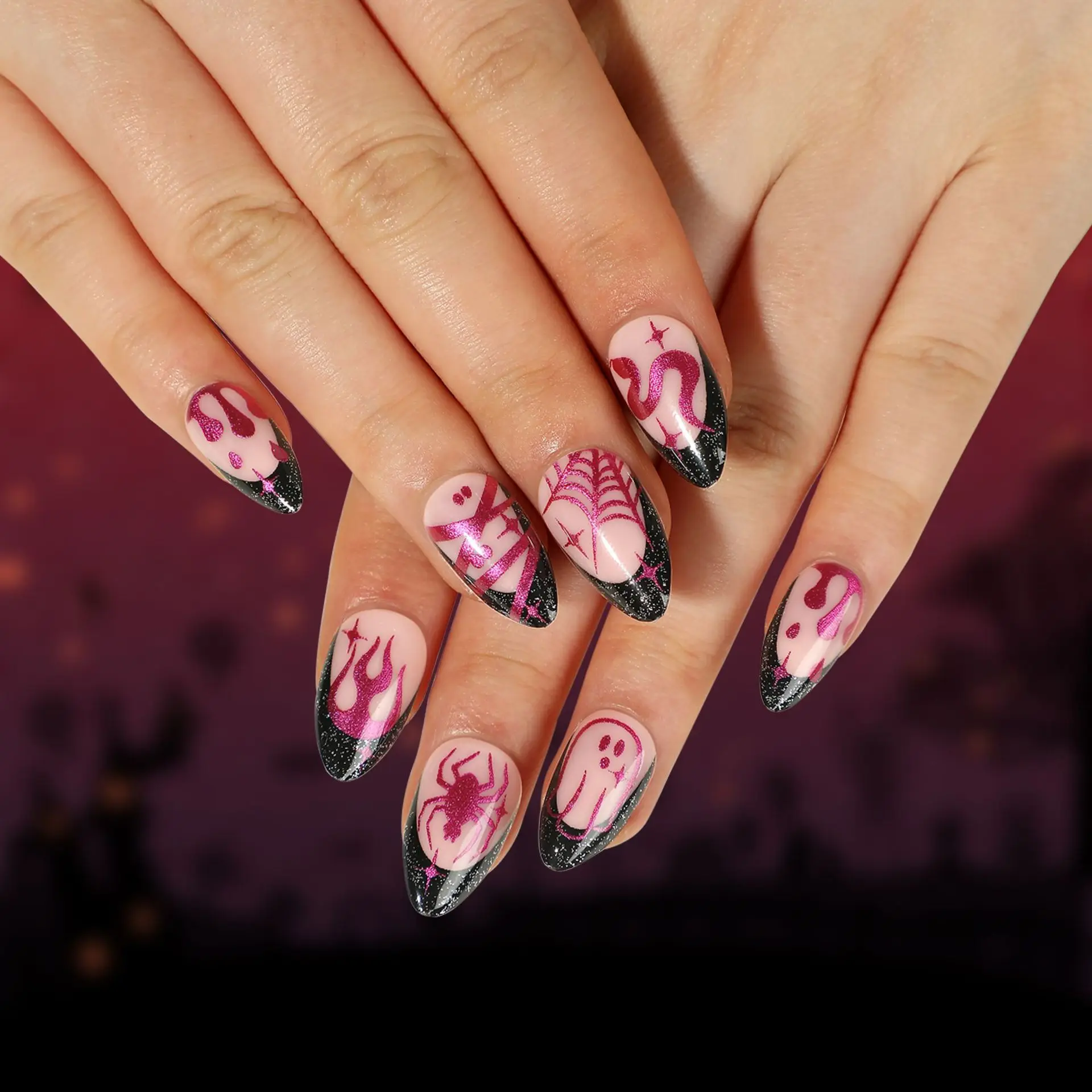 

24PCS Gothic Halloween Press-On Nails - Hot Pink & Black Spider Web Design With Blood Drips Almond Medium Length