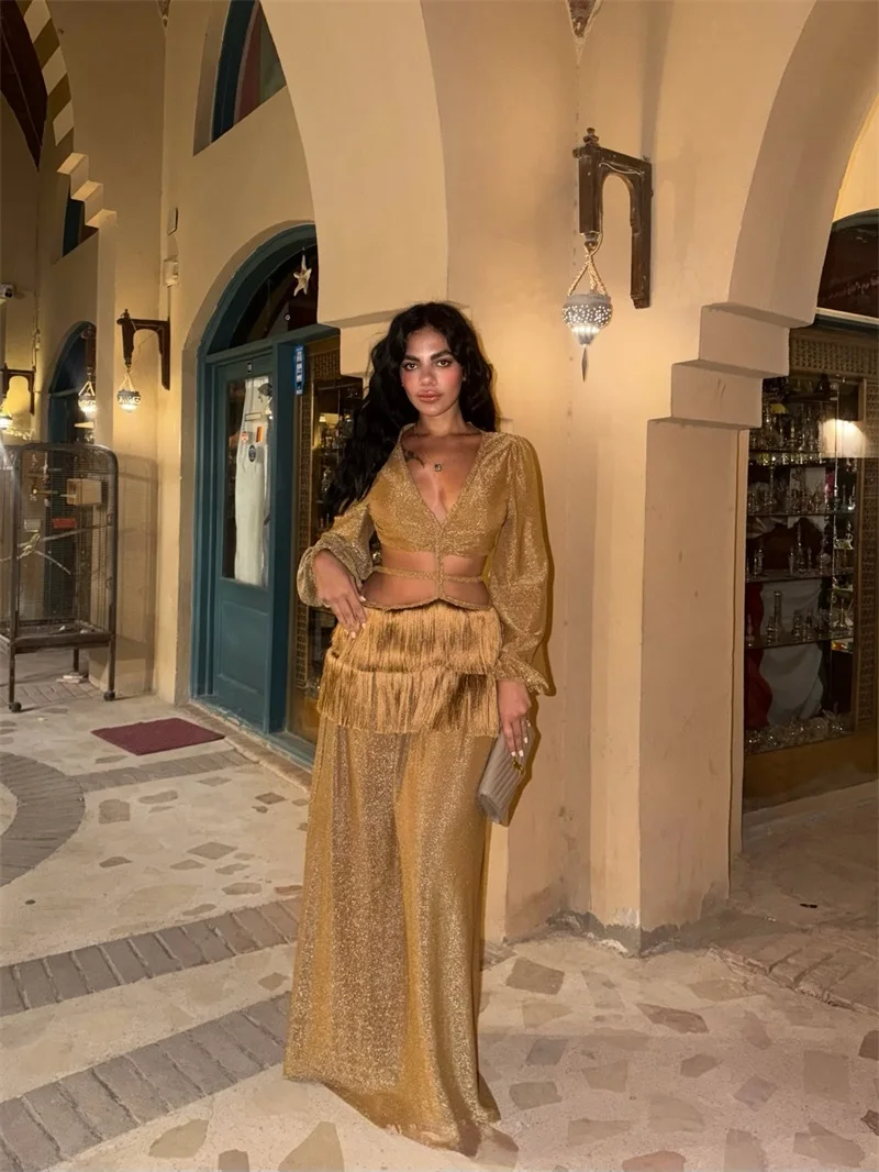 Luxury Golden Shiny Prom Dress V Neck Full Sleeves Hallow Tassel Long Party Gown Formal Bridal Wedding Birthday Evening Robe - view 3