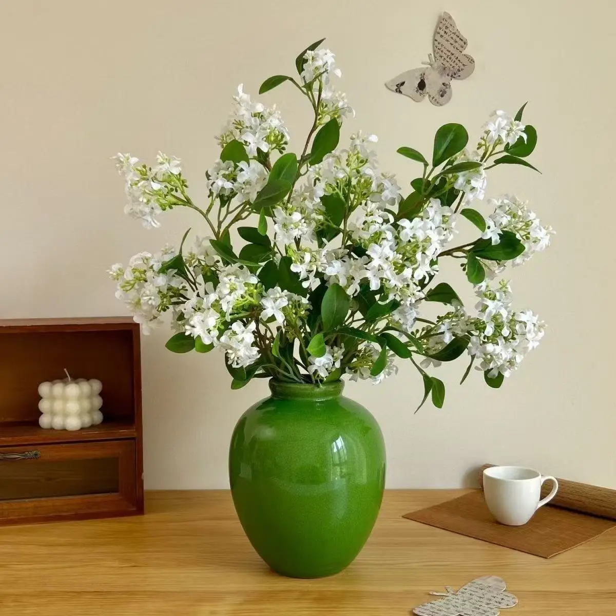 HYS Ice Cracked Ceramic Vase Large Diameter Home Office Living Room Dining Table Flowers Green Vase Ornament