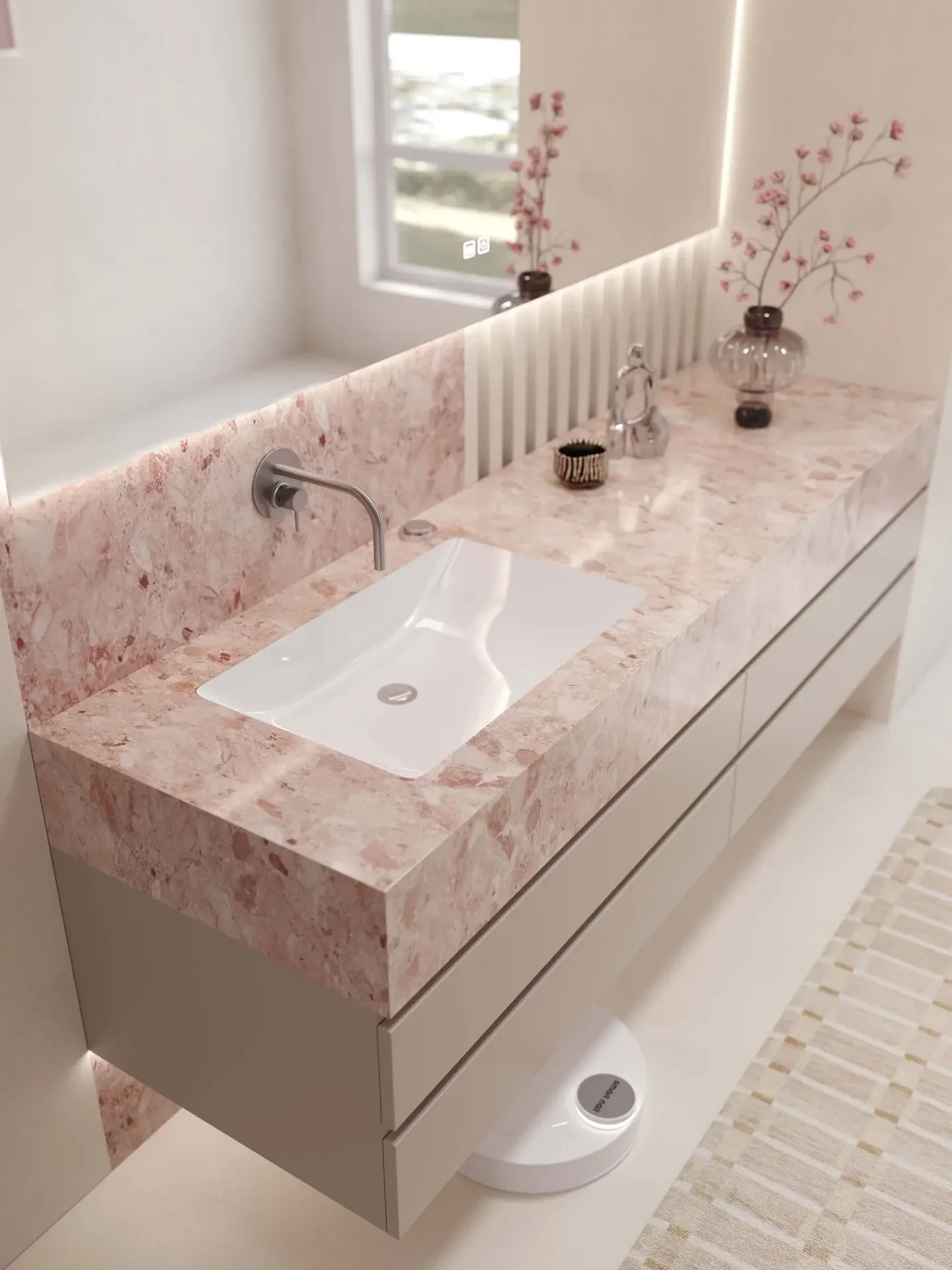 Cream wind bathroom cabinet wash table combination pink rock slab ceramic seamless integrated basin toilet wash table customizat