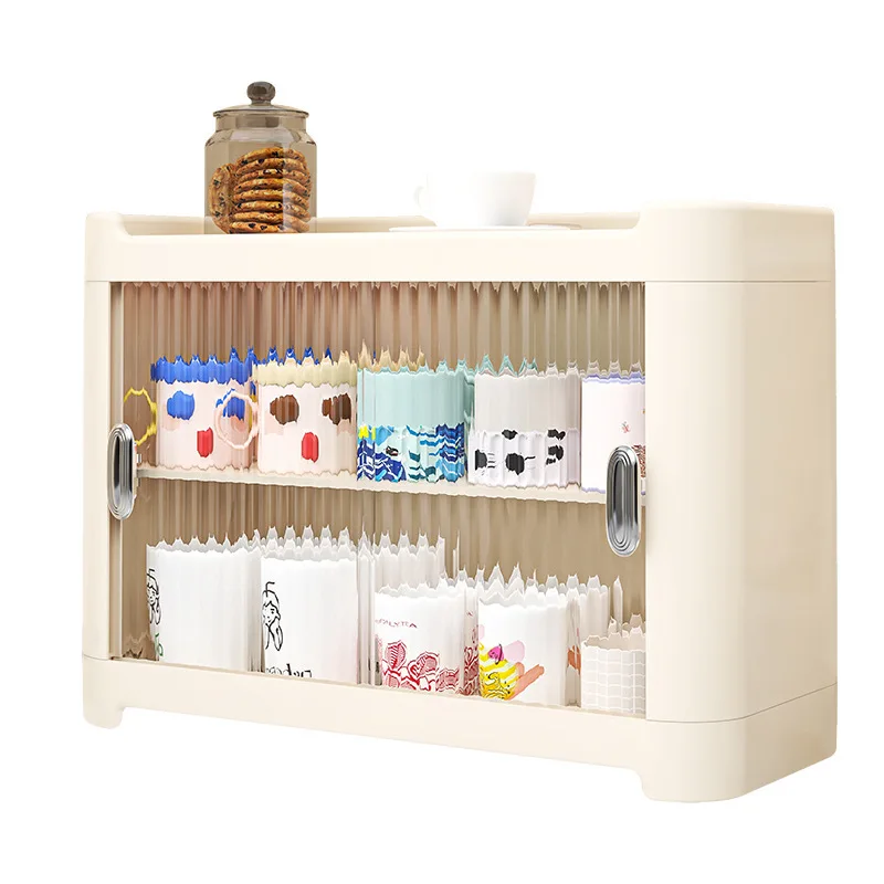 Countertop  Storage Cabinet Dustproof Organizer Display Rack With Clear Sliding Doors For Coffee Mugs Tea Cup Glassware
