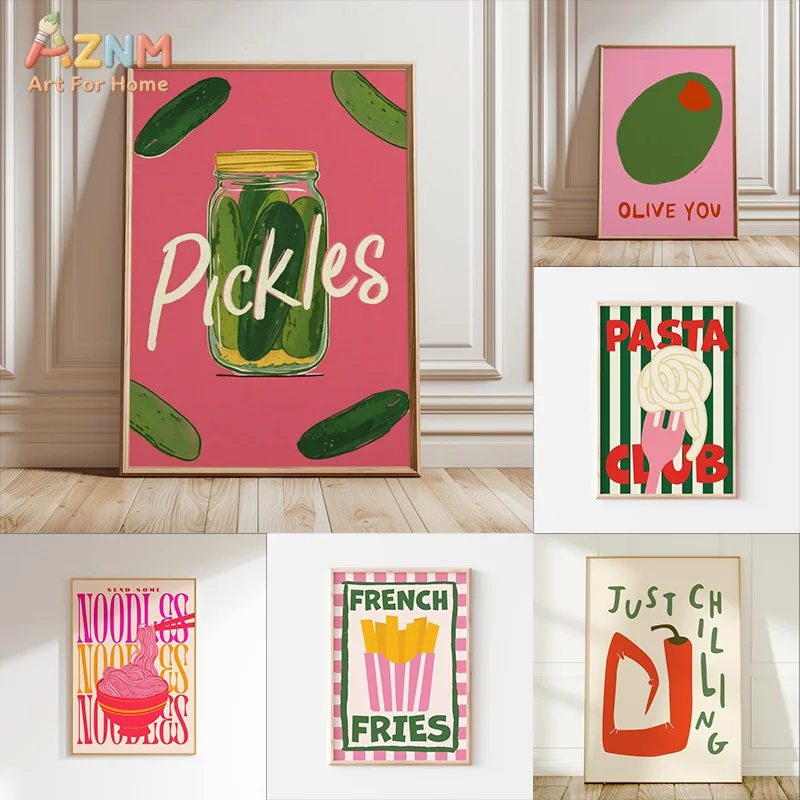 AZNM Colorful Retro Food Canvas Wall Art Pickle Olive Pasta Fries Noodle Chili Cute Typography Kitchen Decor Unframed Canvas Pri