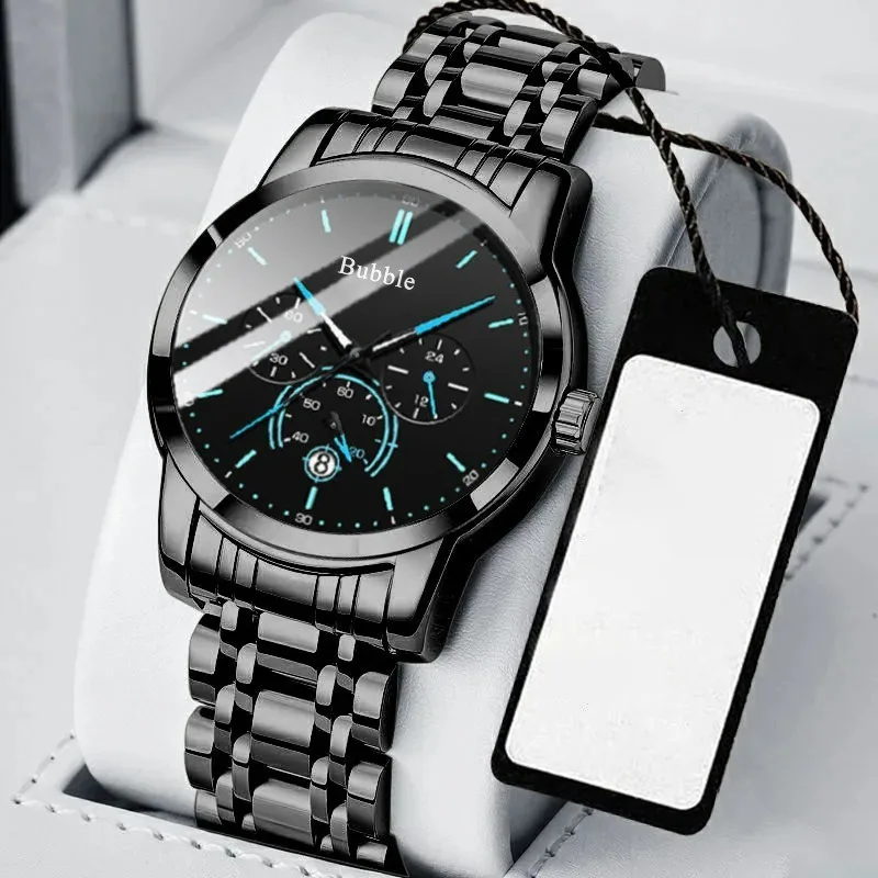 Trendy Sports Water-Resistant Multi-Functional Automatic Quartz Glow-in-the-Dark Stainless Steel Strap Men's Watch