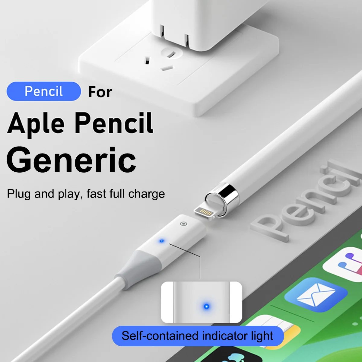 Stylus pen Charger Wire USB A/Type-C Charging cable Male To Female Extension with Indicator Light for Apple Pencil Generation 1