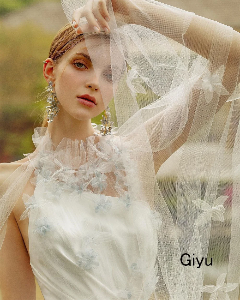 Giyu Fairy 3D Followers Wedding Dress For Woman High Neck Tulle Draped Floor-length Vestidos Novias Boda Bridal Gown