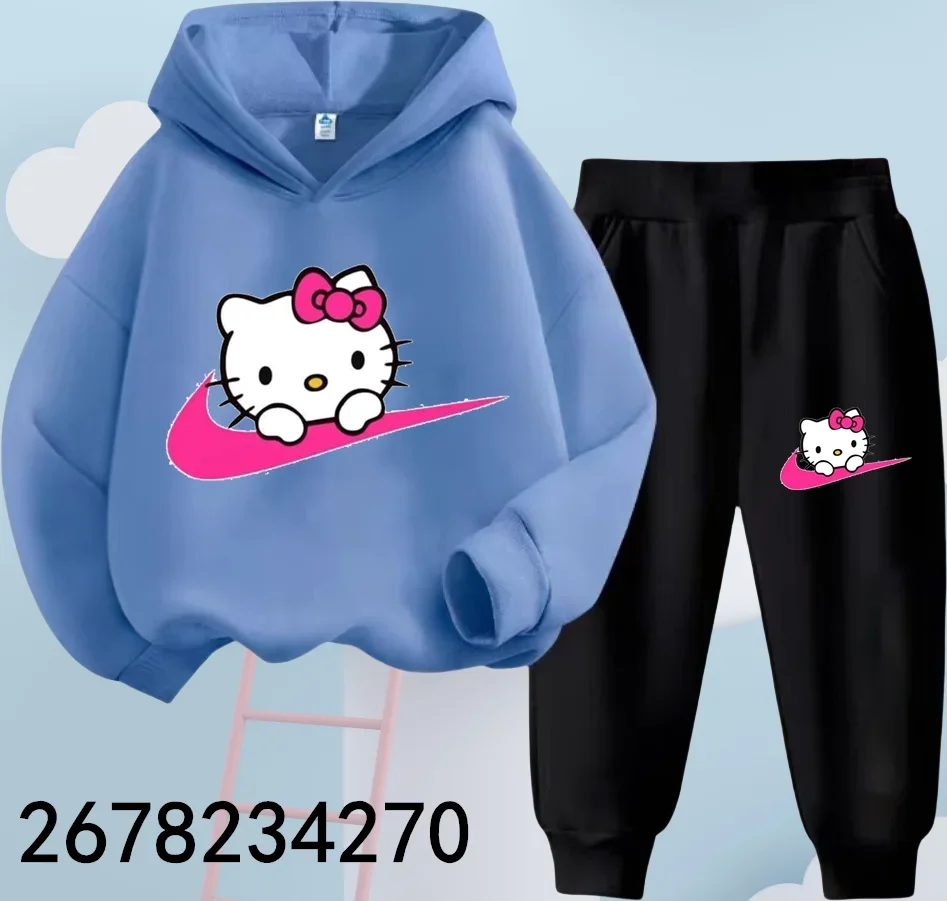 2024 New Hello Kitty Hoodie Set Kids Sweatshirts+long Trousers Clothes Outfits 4-14 Year Children\'s Cartoon Casual Spring Autumn