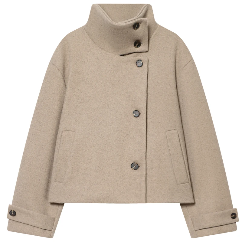 HXAO معطف المرأة اقتصاص سترة تويد عالية الياقة الخريف الشتاء جديد في معاطف امرأة طويلة الأكمام زر فو الصوف أفخم سترة #3