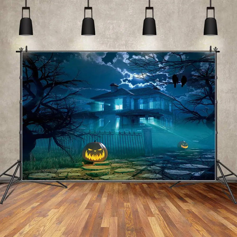 MOON.QG Backdrop Modern Home Courtyard Pumpkin Halloween Background Marble Road Blue Cloud Moon Sky Tree Branch Photo Booth Prop