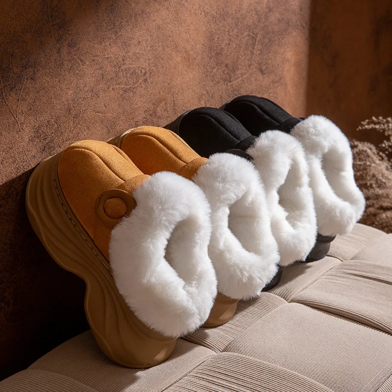 Fluffy snow boots winter plush shoes women's thick sole slip on booties woman furry platform mules clogs ladies boot slippers