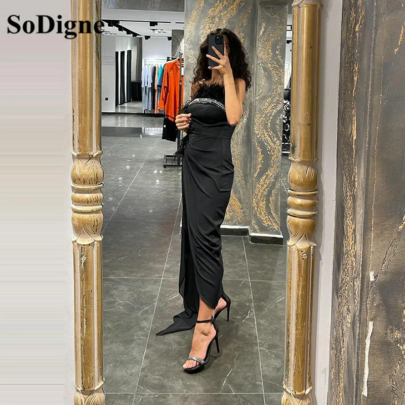 

SoDigne Saudi Arabia Satin Evening Dresses Black Feathers Beads Women Prom Gowns Formal Dresses Robes De Soirée