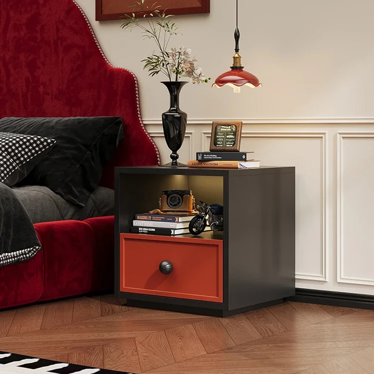 Modern minimalist metal bedside table storage drawer green black veneer bedroom living room