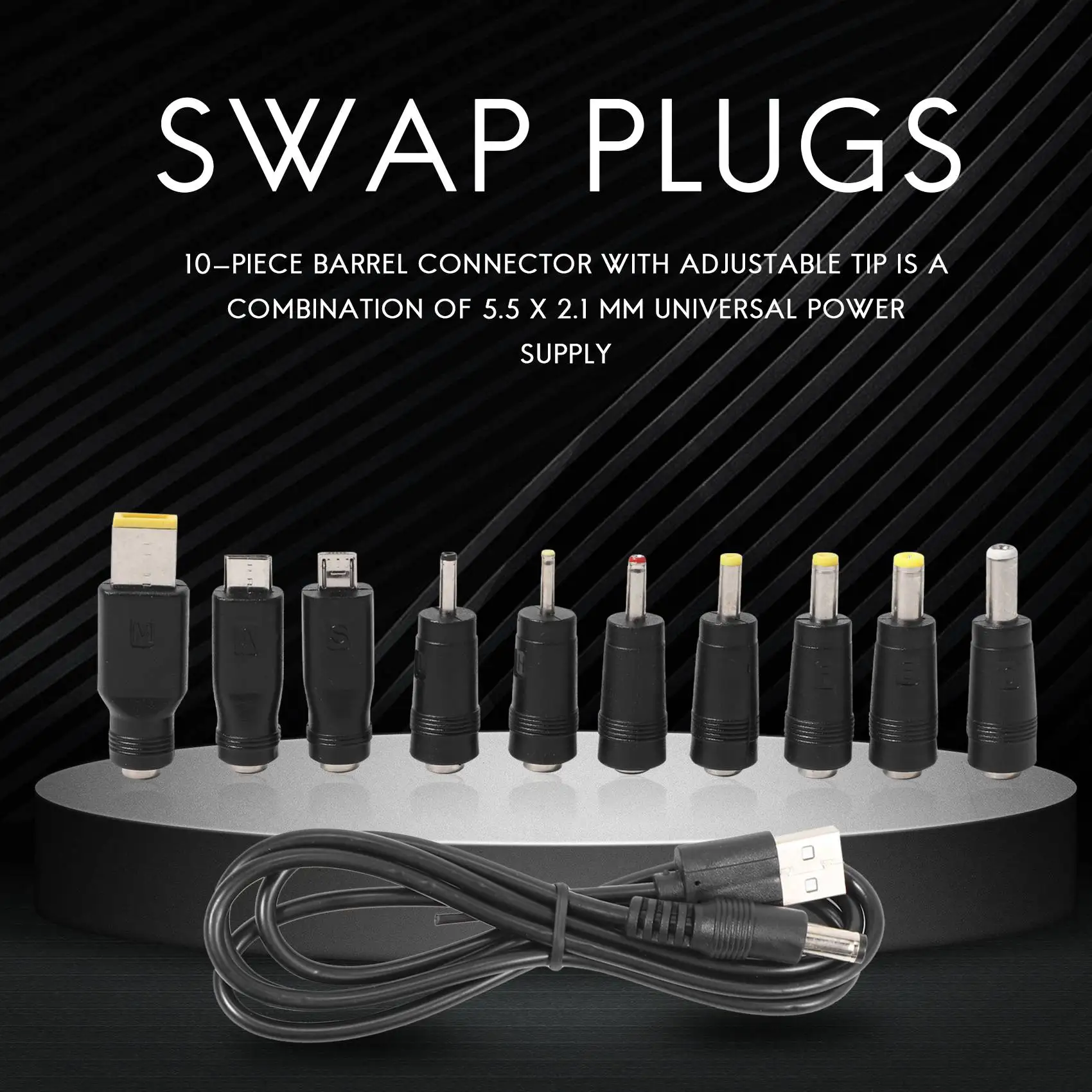 FULL-DC Power Cord USB To 5.5X2.1 Multifunctional Dc Interchangeable Plug