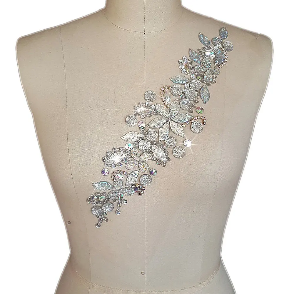 

Fashion! Pure Handmade Bright Crystal Patches Sew-on AB Color Rhinestones Applique with Stones Sequins Beads DIY for Wedding