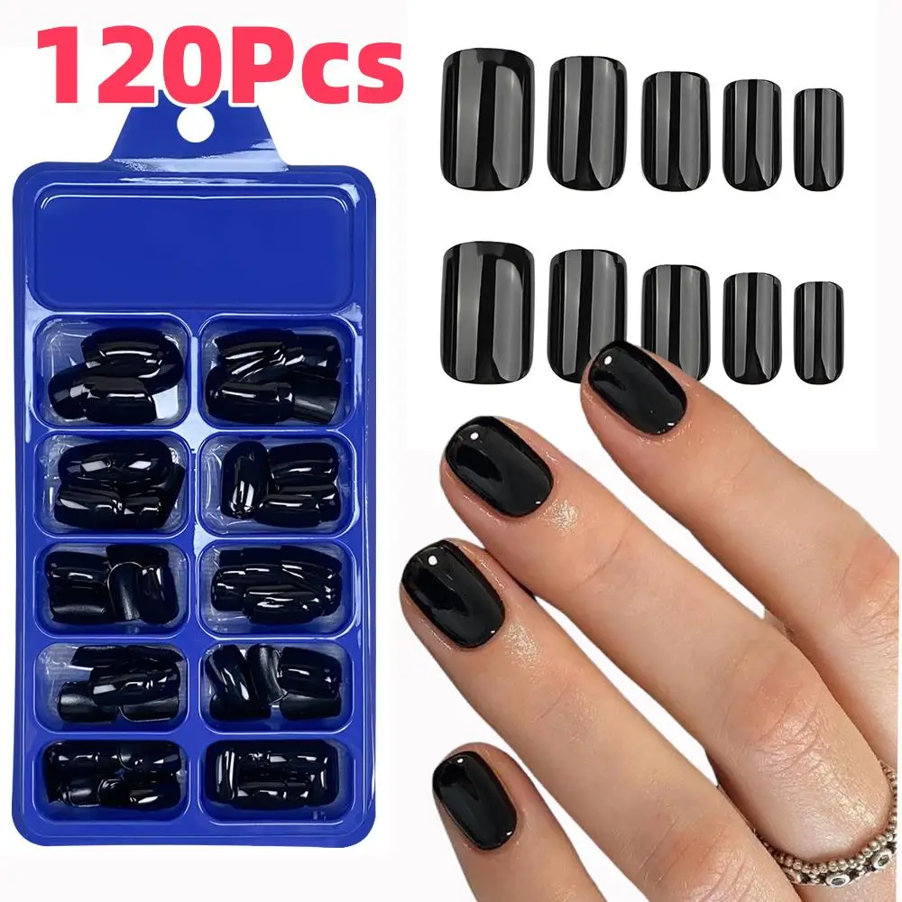 120Pcs Classic Glossy Black Fake Nails Full Cover Press On Nails Short Round Reusable False Fingertips DIY Women Manicure Tools