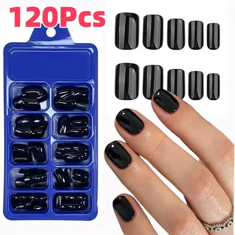 120Pcs Classic Glossy Black Fake Nails Full Cover Press On Nails Short Round Reusable False Fingertips DIY Women Manicure Tools