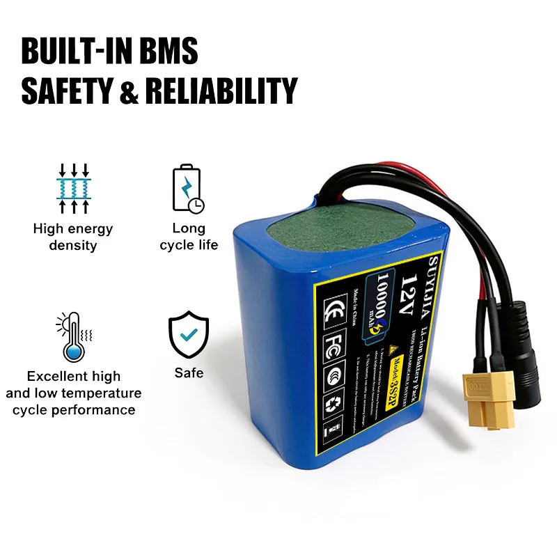 18650 Lithium Battery Pack, 12V 10Ah Rechargeable and Portable, Comes with 12.6V Dedicated Charger, Supports Audio Amplifier