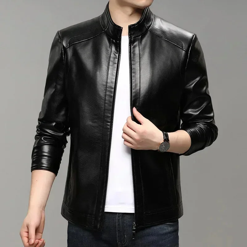 COZOK autumn and winter new men's leather jacket top slim soft stand collar clothing