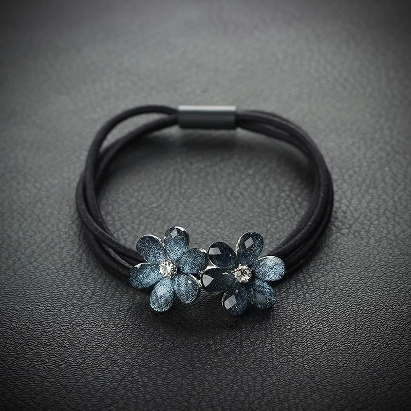 Scrunchies de flores de diamantes de imitación azules para mujeres y niñas, bandas de goma elásticas para el cabello, accesorios, lazo, Anillo para