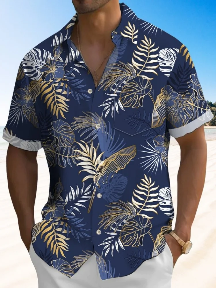 Мужская гавайская курортная золотая пляжная рубашка с тропическим цветочным принтом Aloha, праздничная летняя шикарная туника с короткими рукавами и воротником с лацканами, модные топы